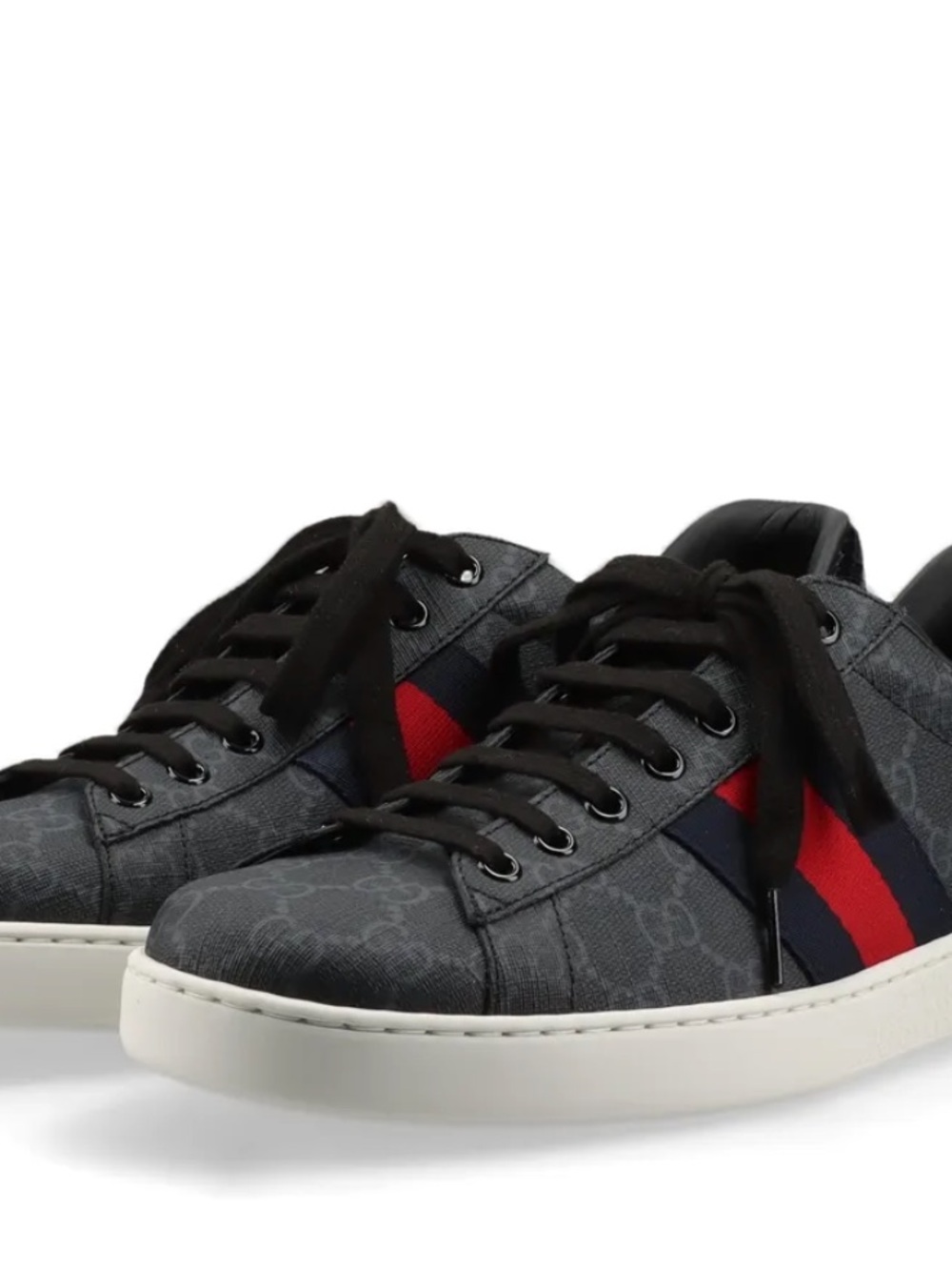 Gucci Men's Black Ace GG Supreme Leather Low-Top Sneaker with Red/Blue Web